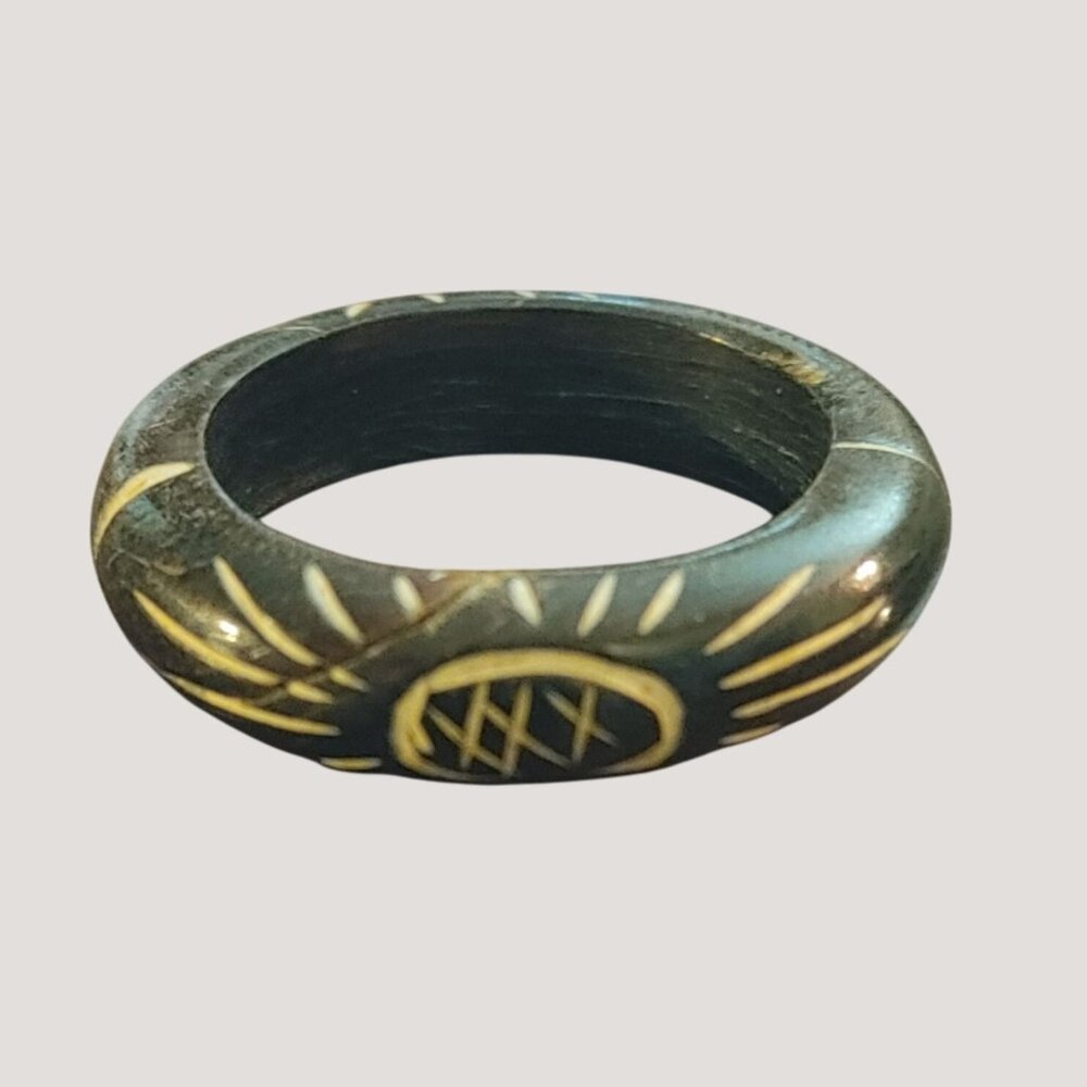 Wooden Ring Handcrafted Black White Tribal Pattern Lightweight Durable Size 7.5